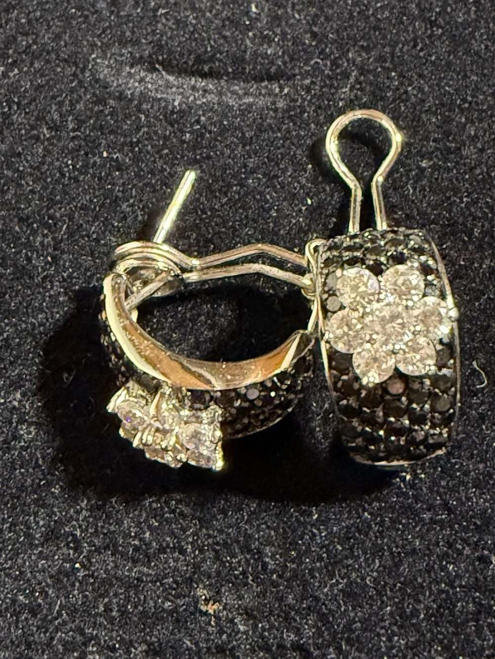 Ross-Simons Silver-Tone Black and White Pave Floral Hoop Earrings